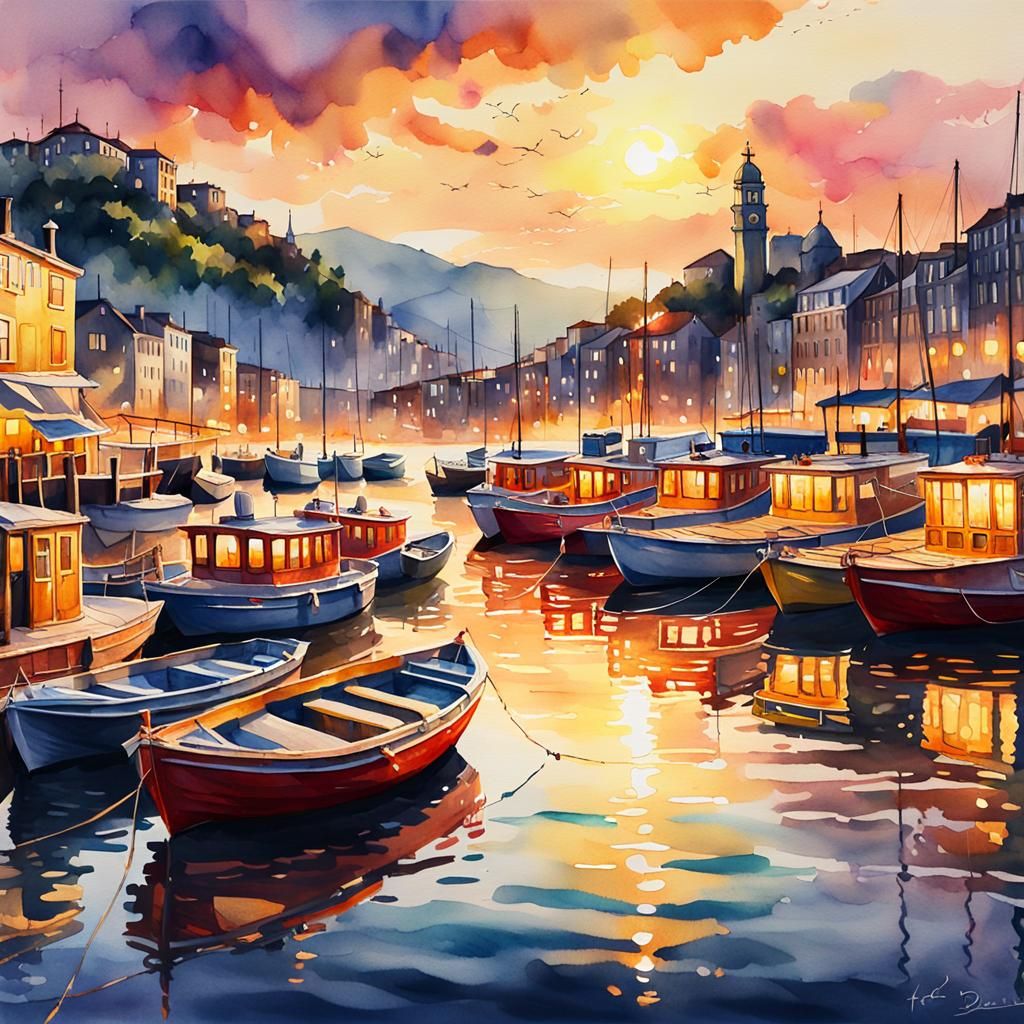 Sunset Harbor: Watercolor Concept Art