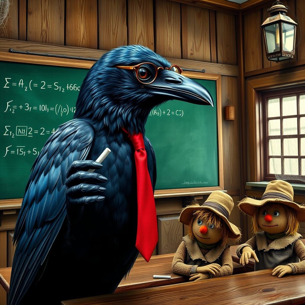 Majestic Raven Professor in Photorealistic Classroom