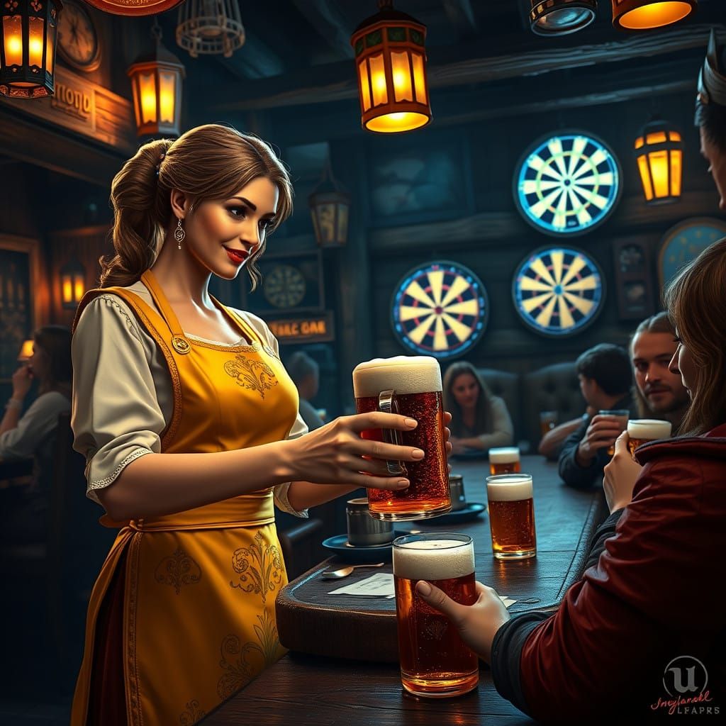 Lively Fantasy Pub Scene with Medieval Waitress and Patrons