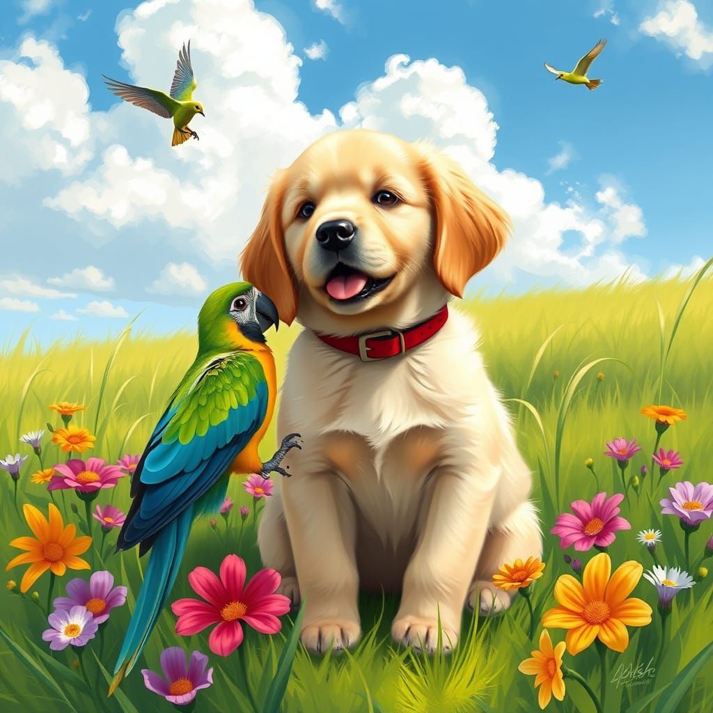 Golden Retriever Puppy and Parrot in a Sunny Meadow Scene