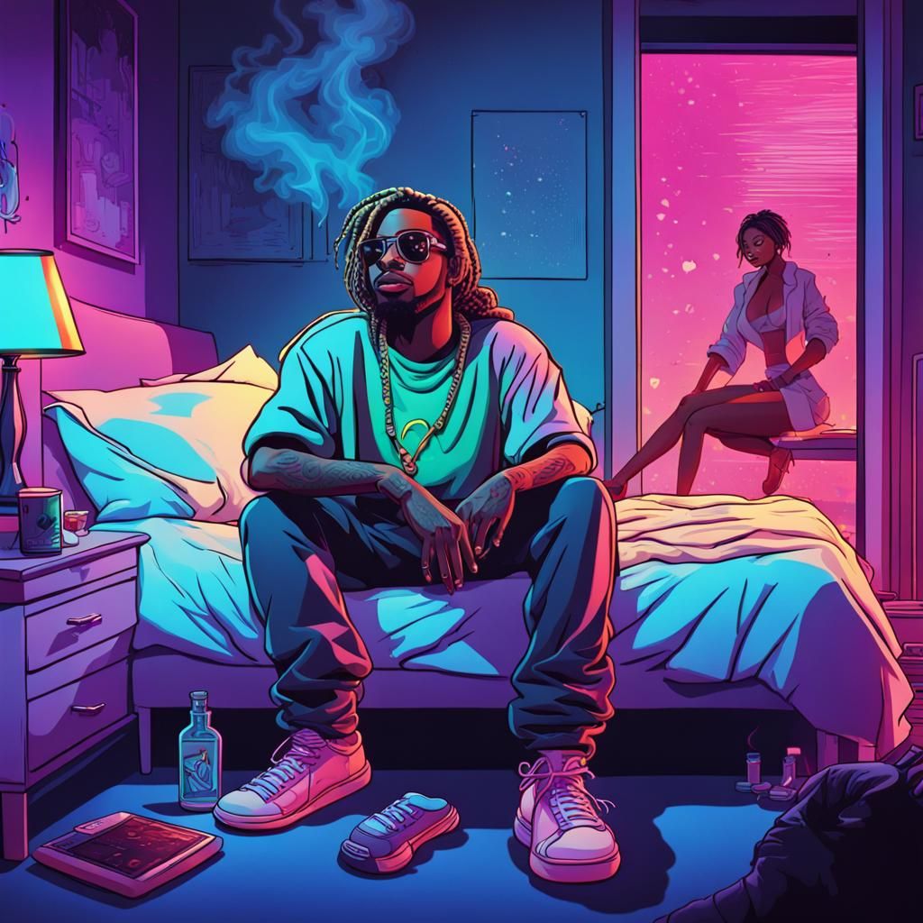 Cartoon Album Art: Rapper and Woman in Neon Room