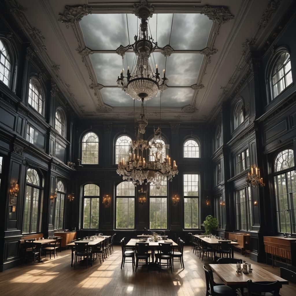 Ominous School Dining Hall with Chandeliers, Classical Style