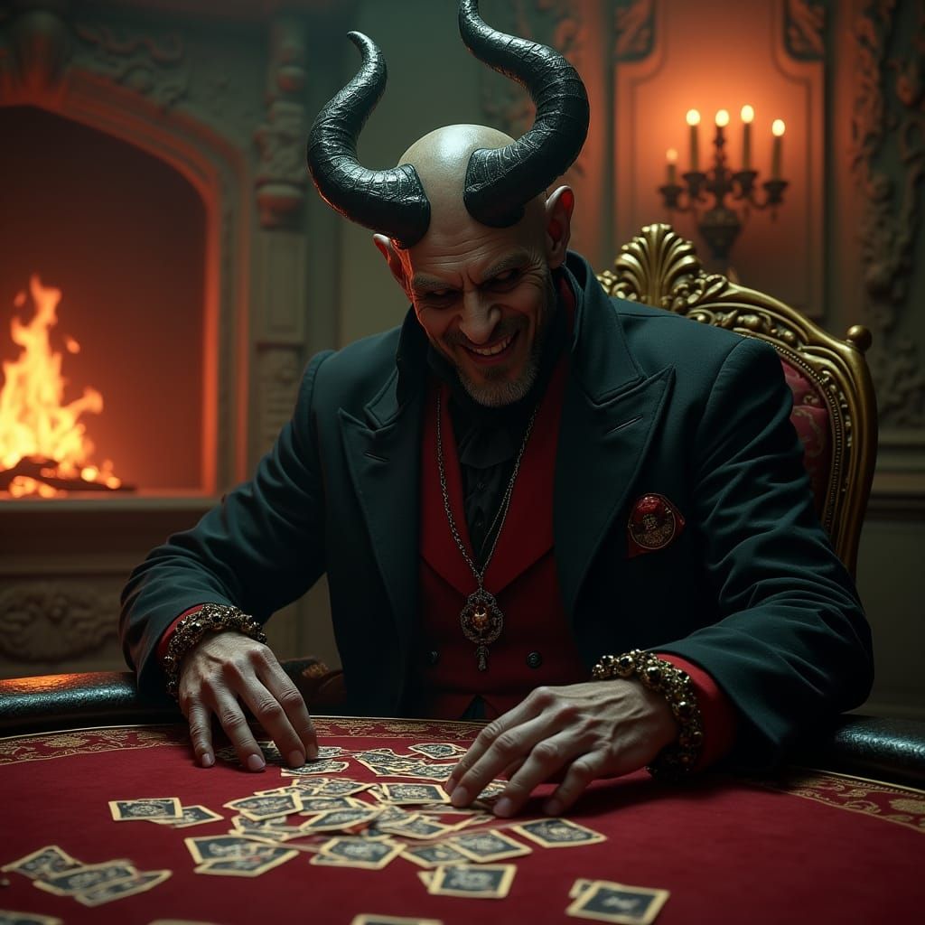 Satan Deals Cards in Opulent Underworld Lair