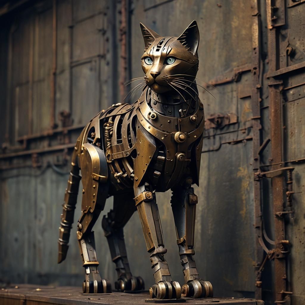 Brass Cat Sculpture in Industrial Dystopian Style
