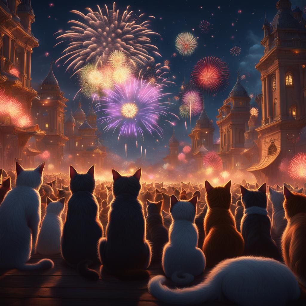 Cats Watch Fireworks in Detailed Fantasy Art