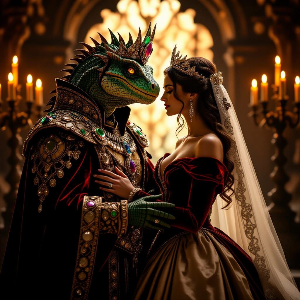 Reptilian King and Human Bride in Baroque Style