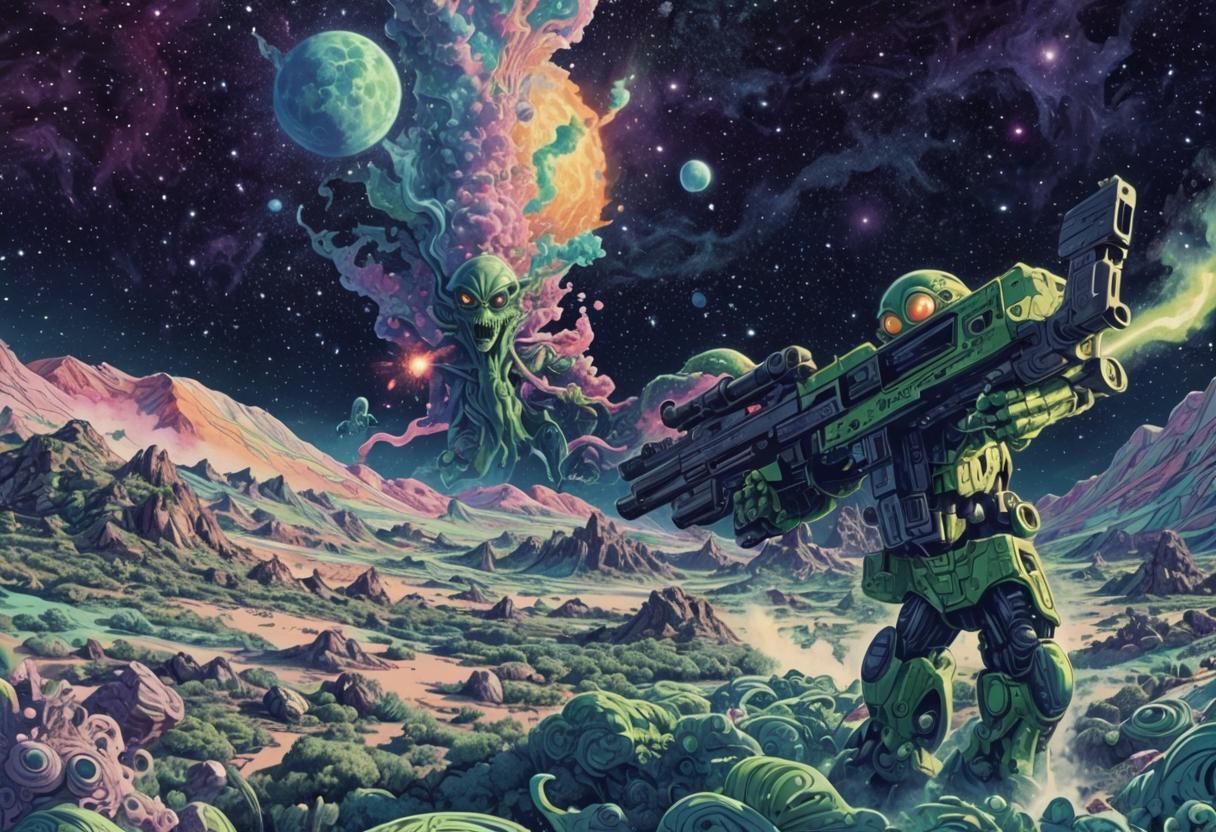 Green Alien Monster on Lunar Landscape in Comic Book Art