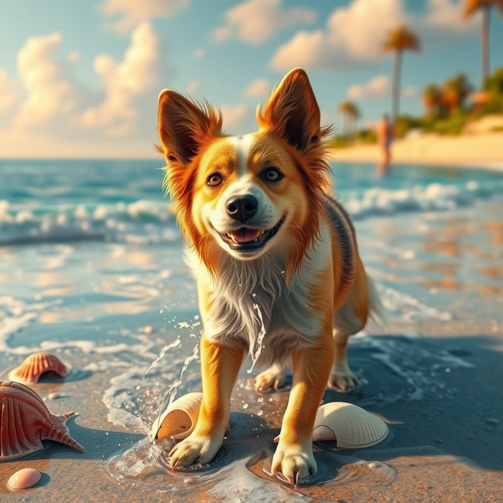 Dog Shaking Water at Beach in Dreamy Matte Painting