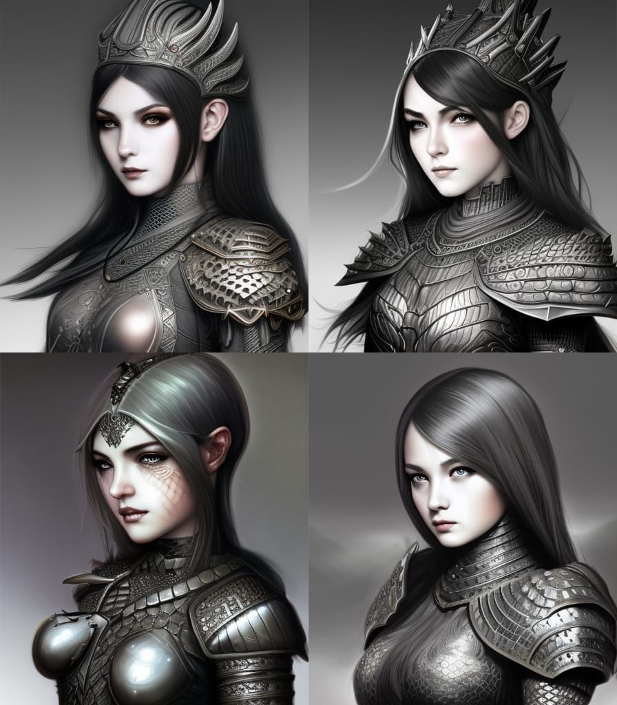 beautiful girl in intricate dragonscale armor, clay, gothic black,  beautiful d&d character portrait,dark fantasy,detail...