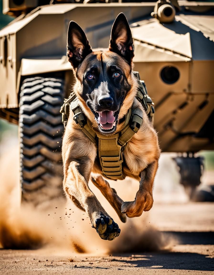 US Air Force Malinois Dog Chasing Bradley Vehicle