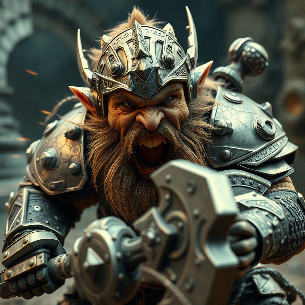 Gritty Sci-Fi Dwarf Warrior in Metallic Armor Charged Forwar...