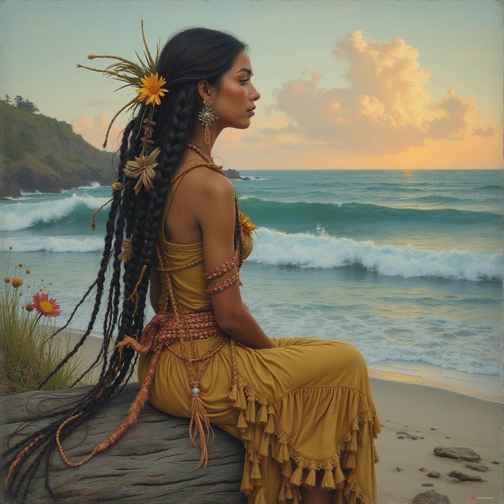 Native American Woman with Flowers, Folk Art Style