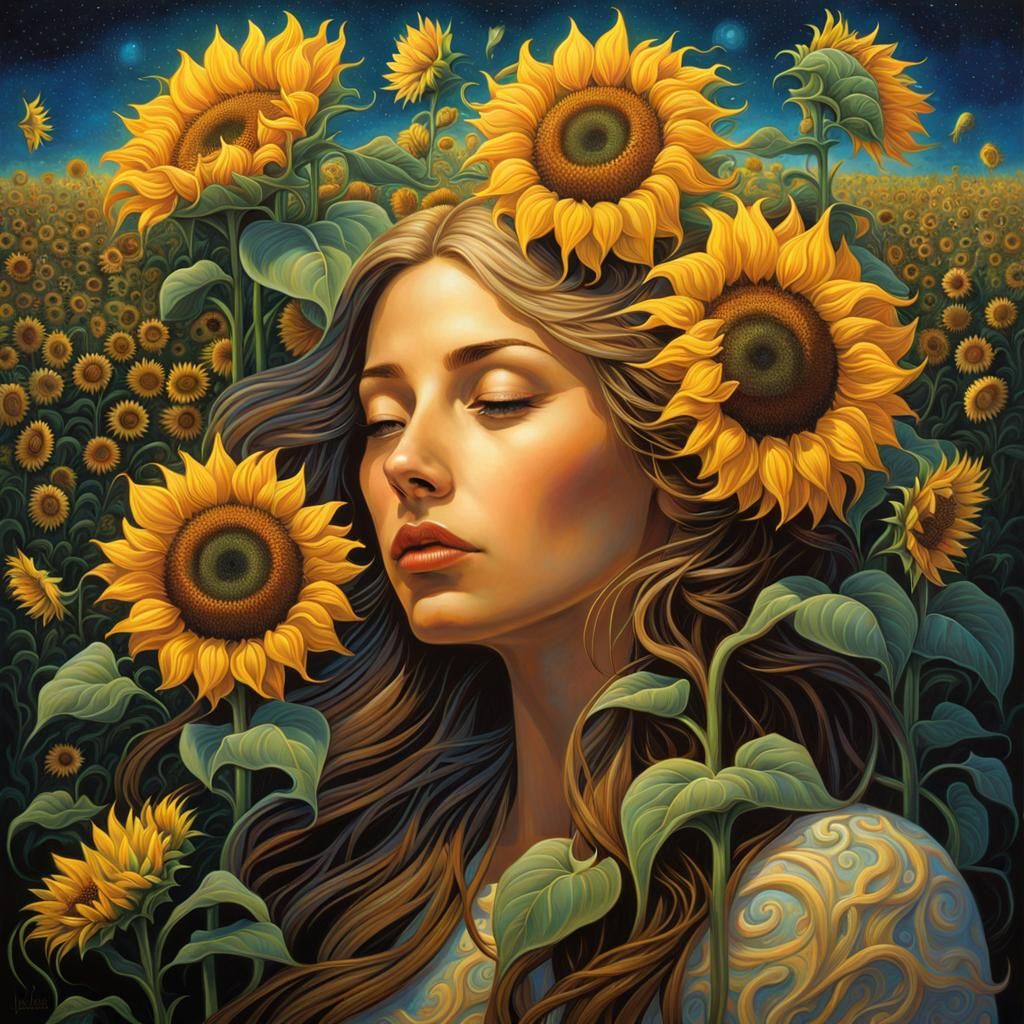 Woman with Sunflower Aura: Eerie Symbolism and Mysticism