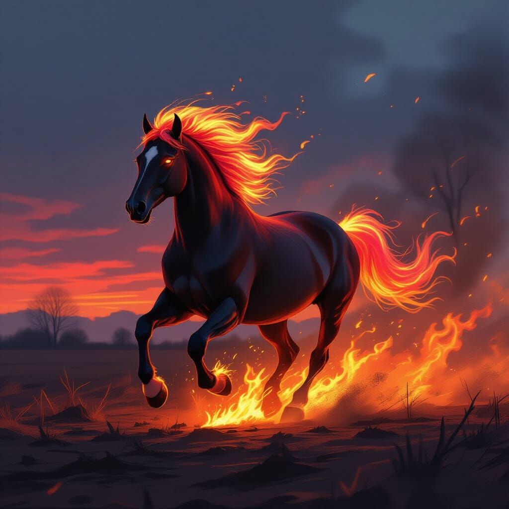 Fiery Horse Galloping Across Burning Field