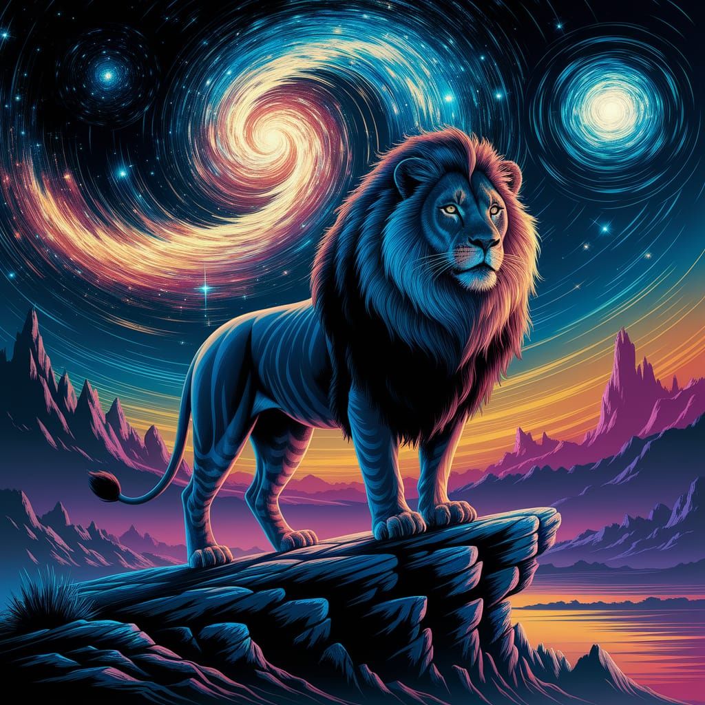Cosmic Lion with Galaxy Mane in Starry Night Style
