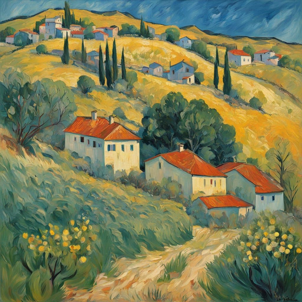 Albanian Village Landscape in Vibrant Neo-Impressionist Styl...