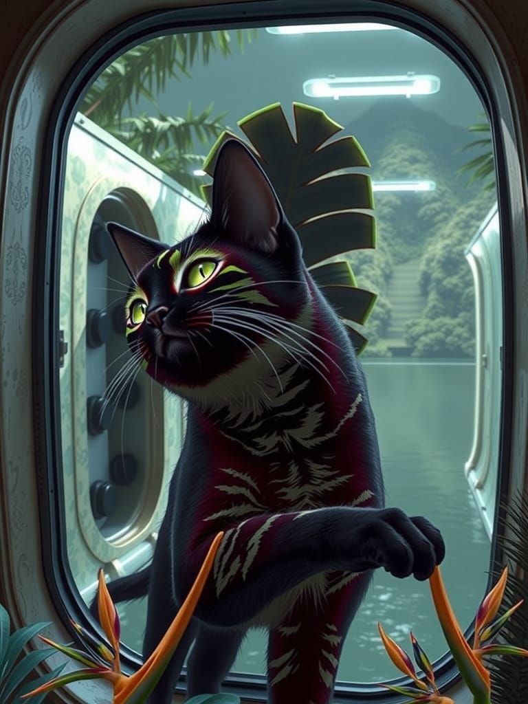 Vibrant Magenta and Lime Cat in Tropical Paradise