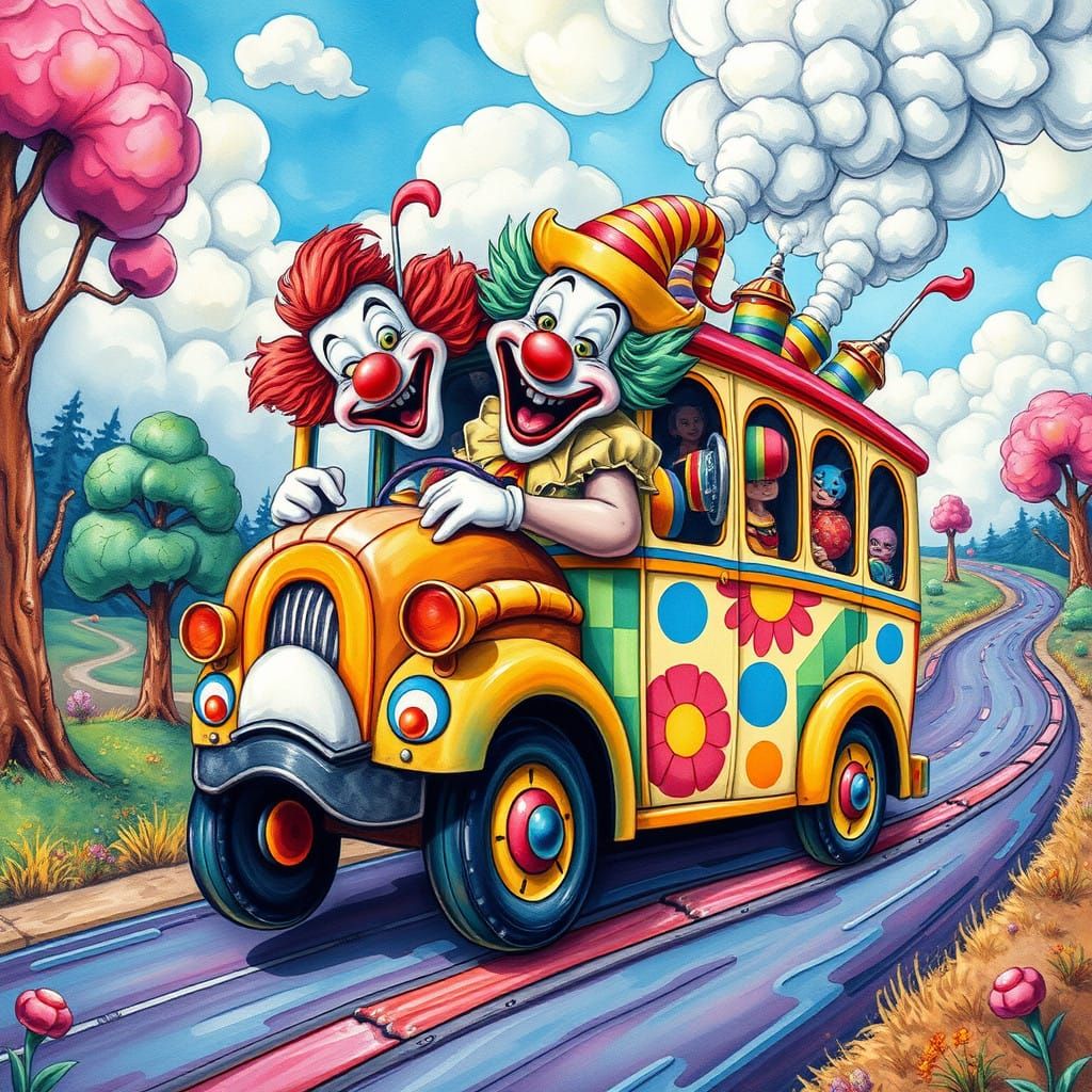 Surreal Cartoon Clown Drives Colorful Bus Through Whimsical....