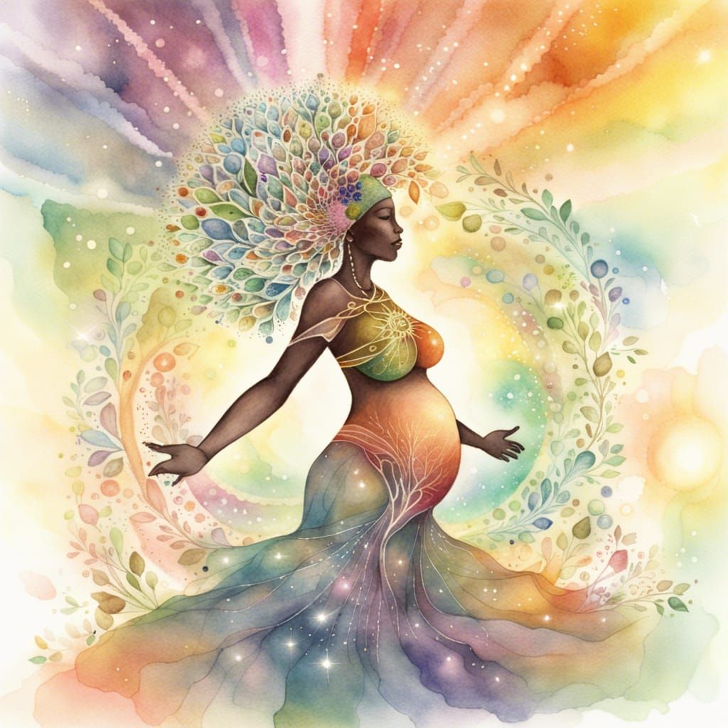 Pregnant Nymph Goddess with Baby in Watercolor