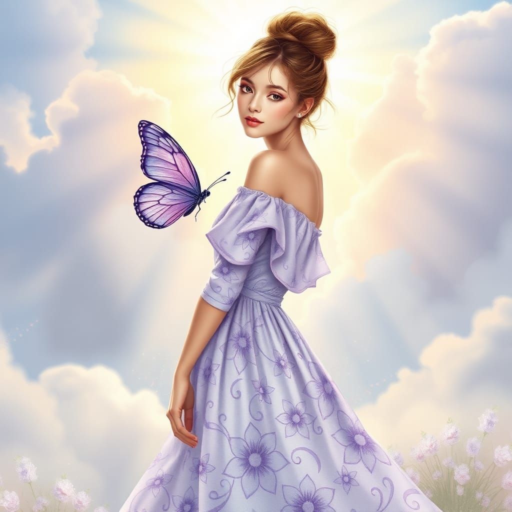 Woman in Lavender Dress with Butterfly, Pre-Raphaelite Style
