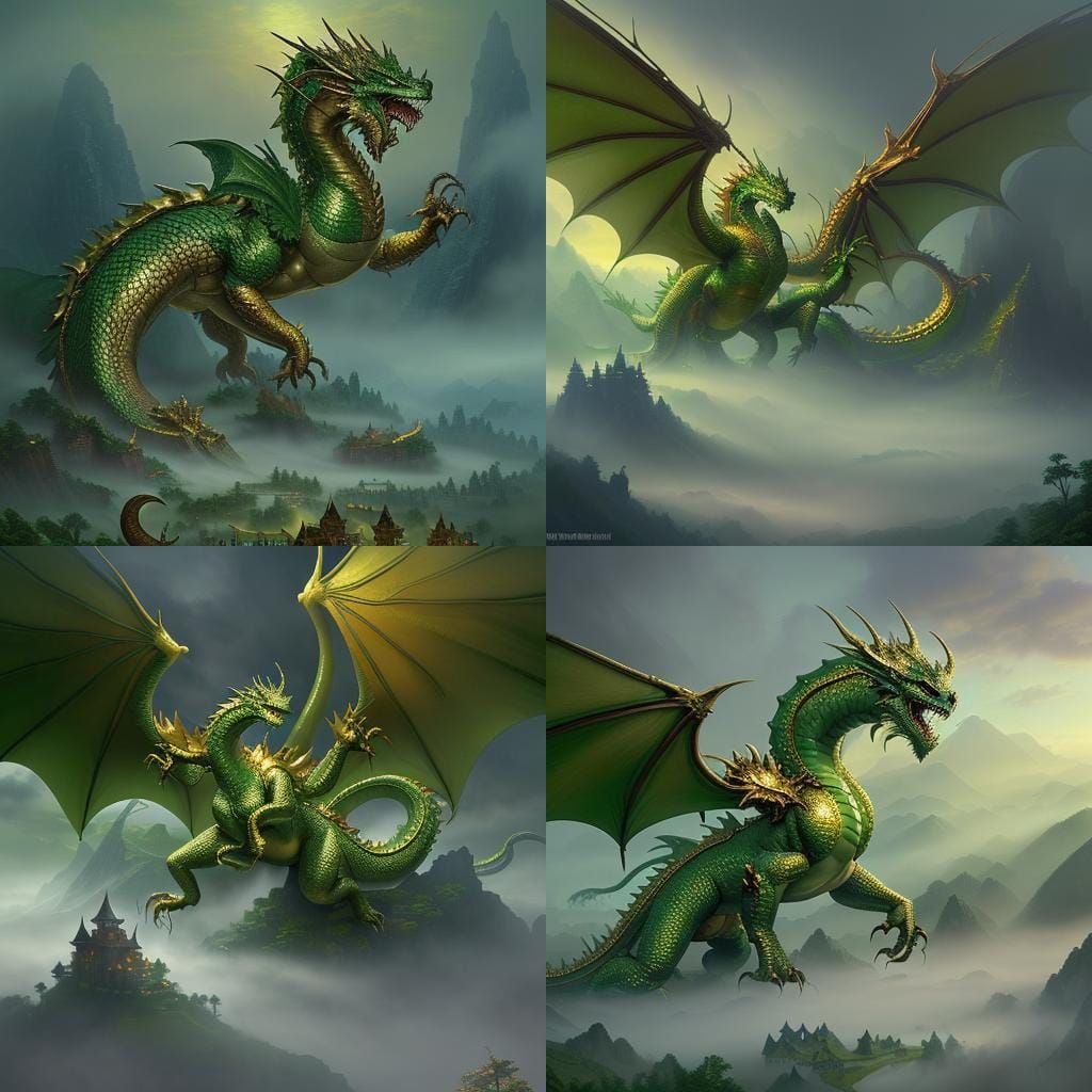 Gold Dragon Defends Hoard from Green Dragon