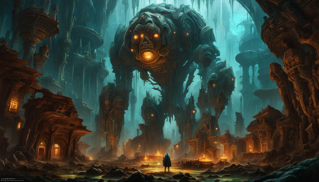 Bioluminescent Sci-Fi Golem in Underwater Cityscape