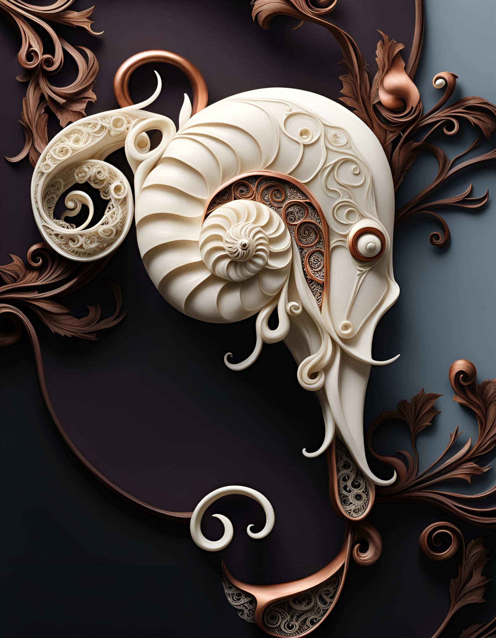 Art Nouveau Octopus Carving with Nautilus Design