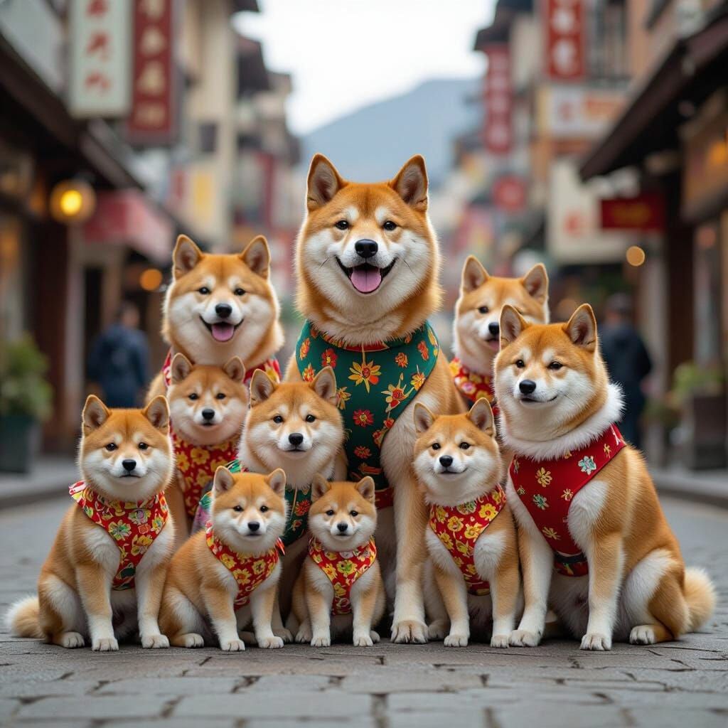 Festive Shiba Inu Cousinade in Rockwell and Miyazaki Style
