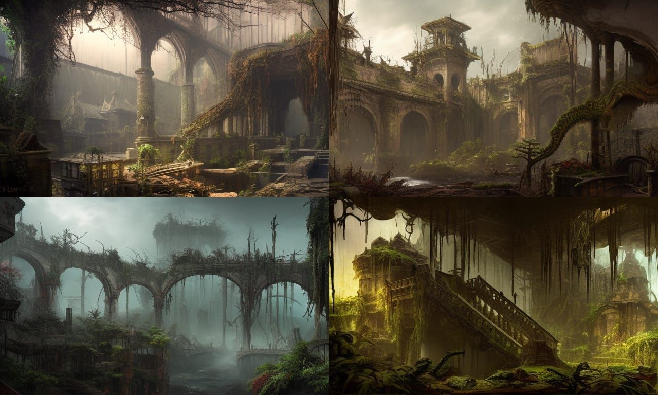 Decaying Medieval City in Jungle Swamp: Detailed Matte Paint...