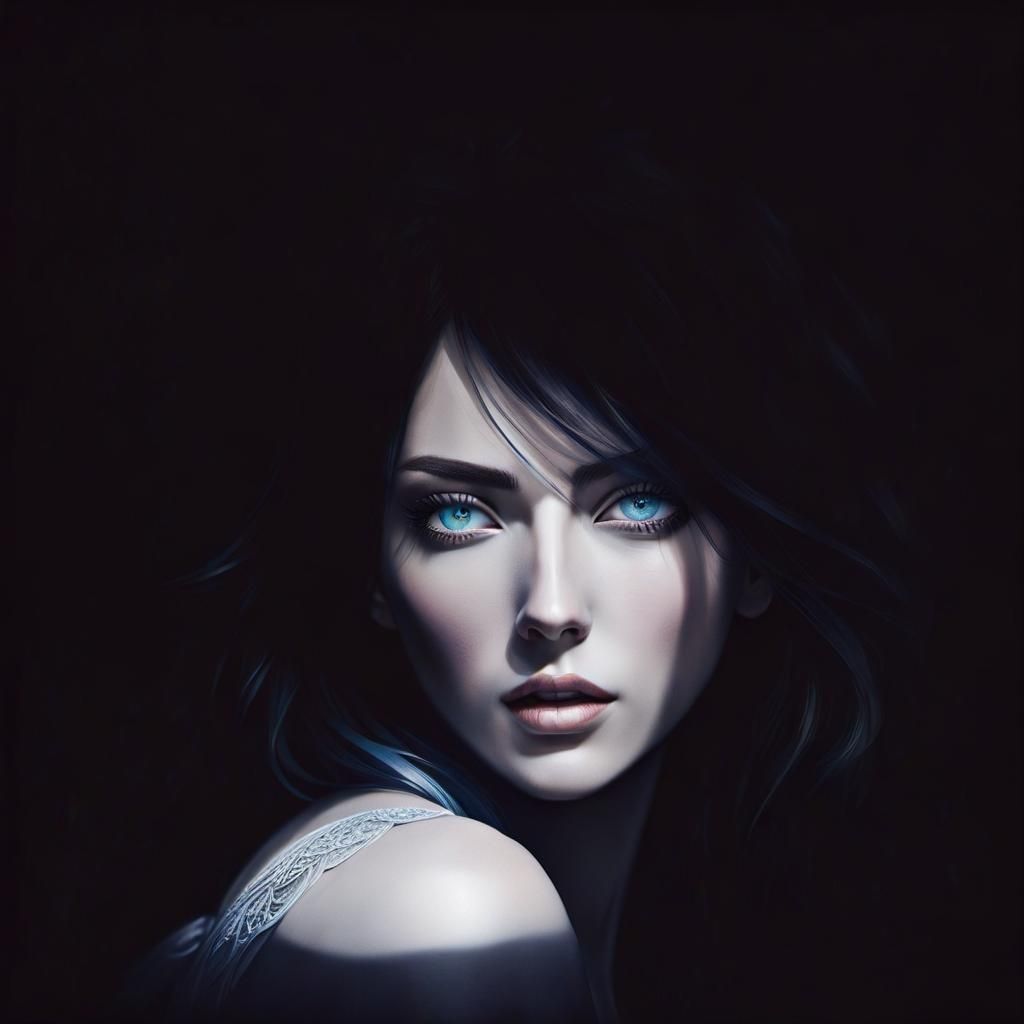 Sad Girl with Blue Eyes in Charcoal Drawing