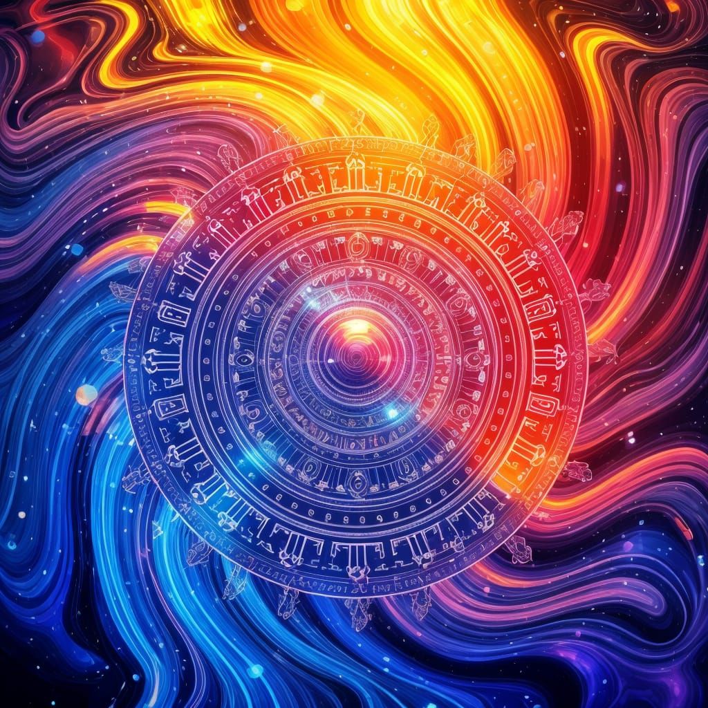 Vibrant Futuristic Circle with Swirling Aztec Patterns and G...
