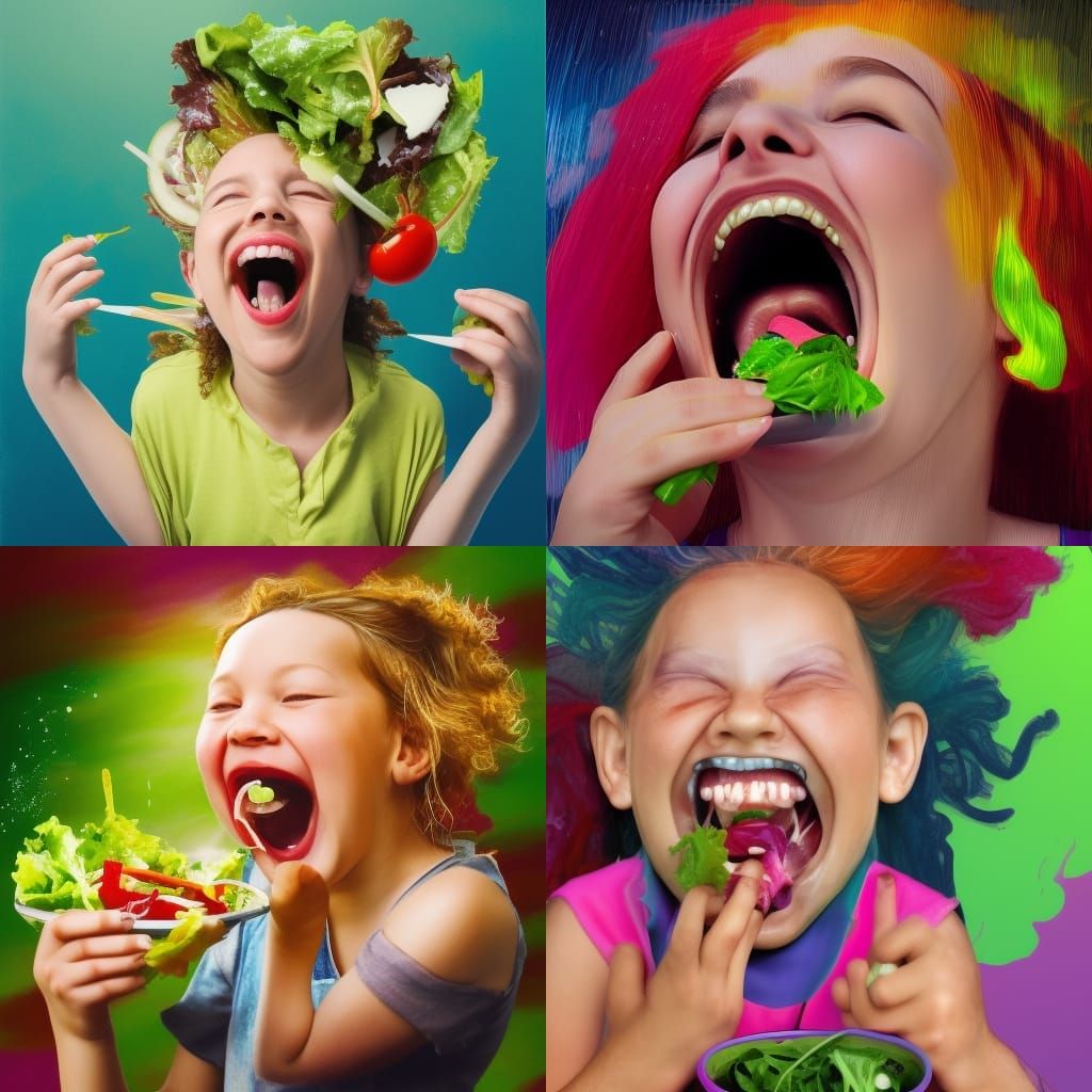 Hyperrealistic Woman Laughing and Eating Salad