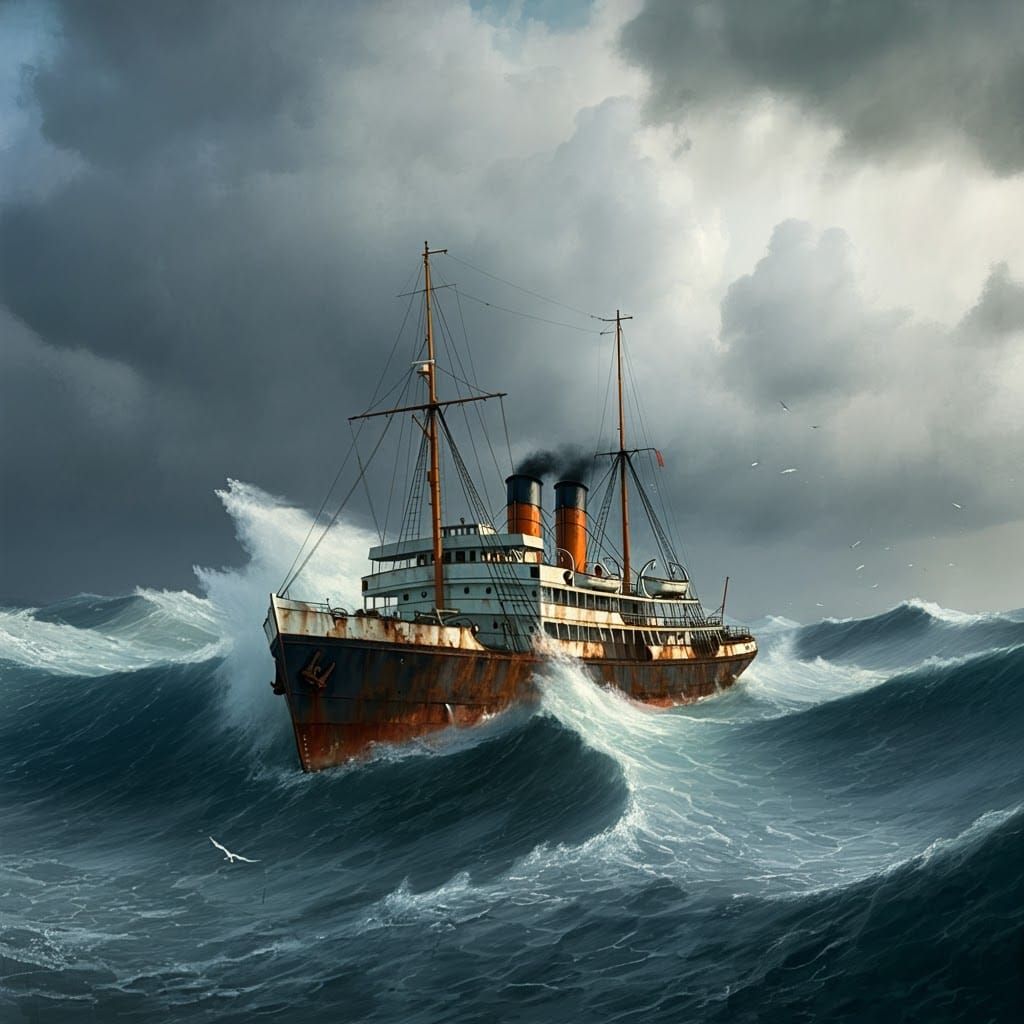 Steamer Ship in Turbulent Seas, Romanticism Style