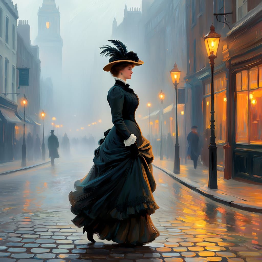 Victorian Woman in Elegant Hat, Impressionist London Street