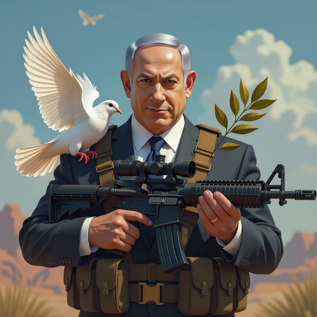 Soldier's Rifle Blocked by Dove of Peace with Netanyahu