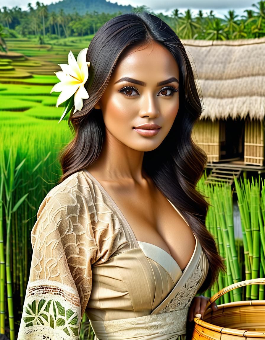 Young Indonesian Woman in Rice Field, Realistic Photo