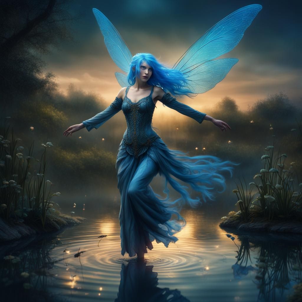 Blue-Haired Fairy Dances Over Pond at Night