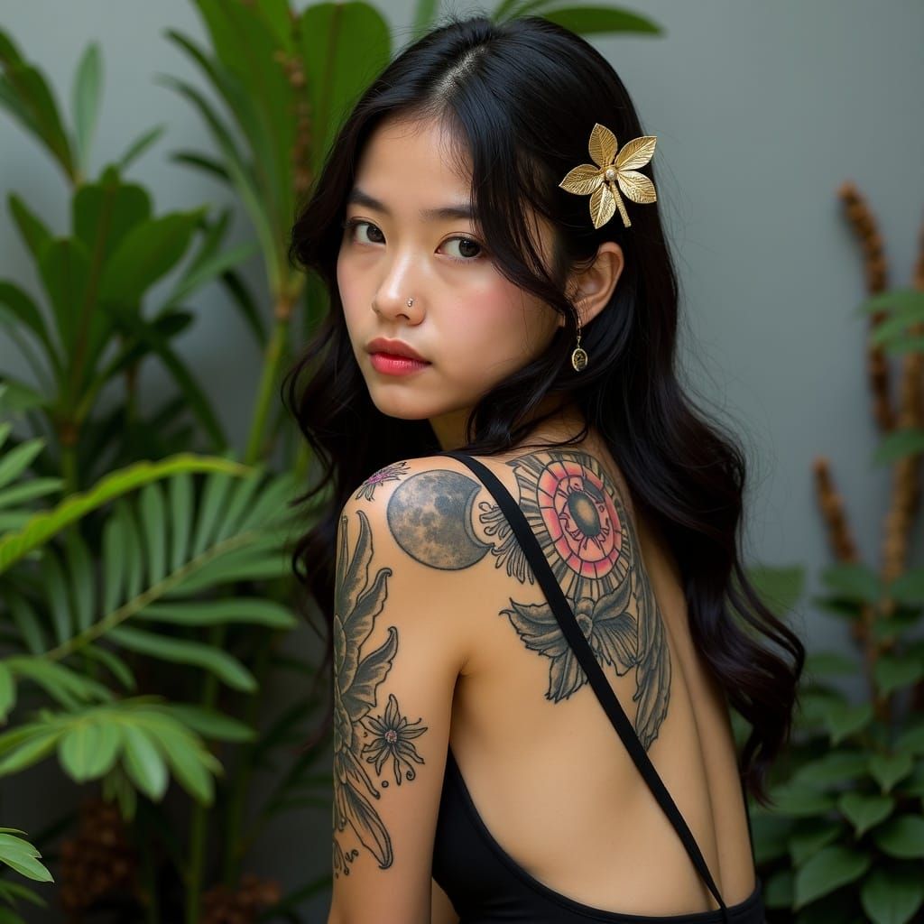 Tattooed Woman with Sigillum Dei in Garden