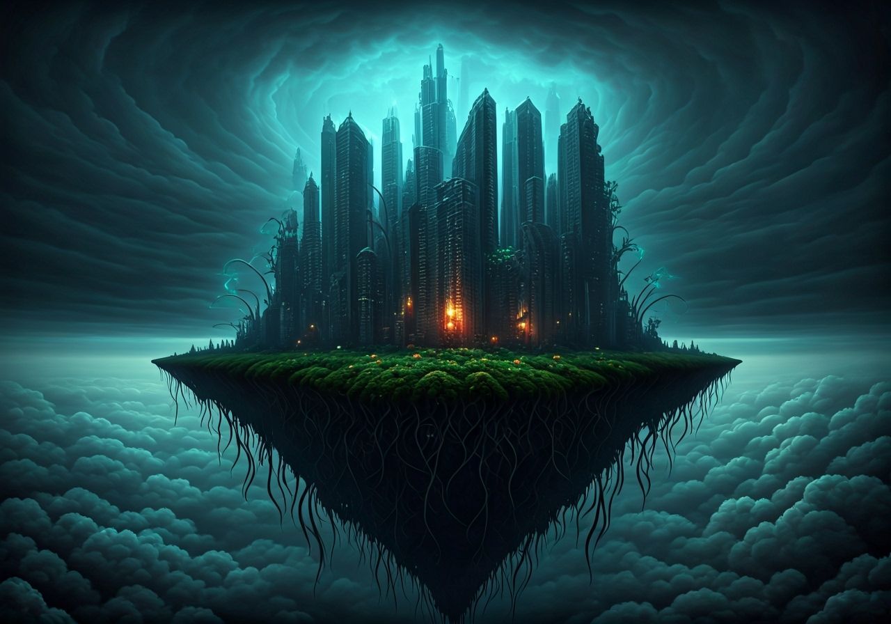 Surreal Floating Cityscape with Bioluminescent Flora
