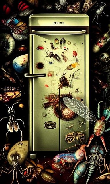 Surreal Insect Infested Refrigerator Interior in Mixed Media