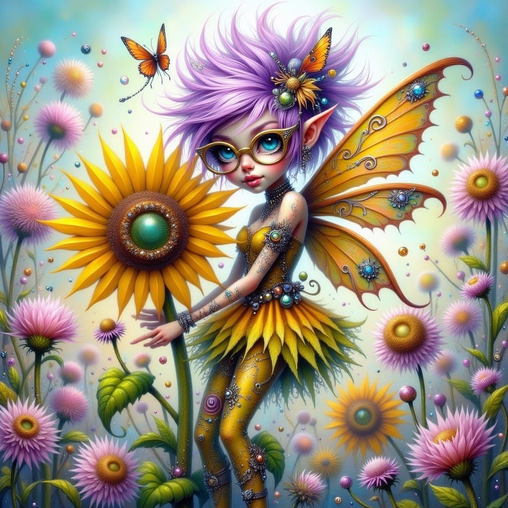 Whimsical Pixie on Sunflower in Fantasy Art Style