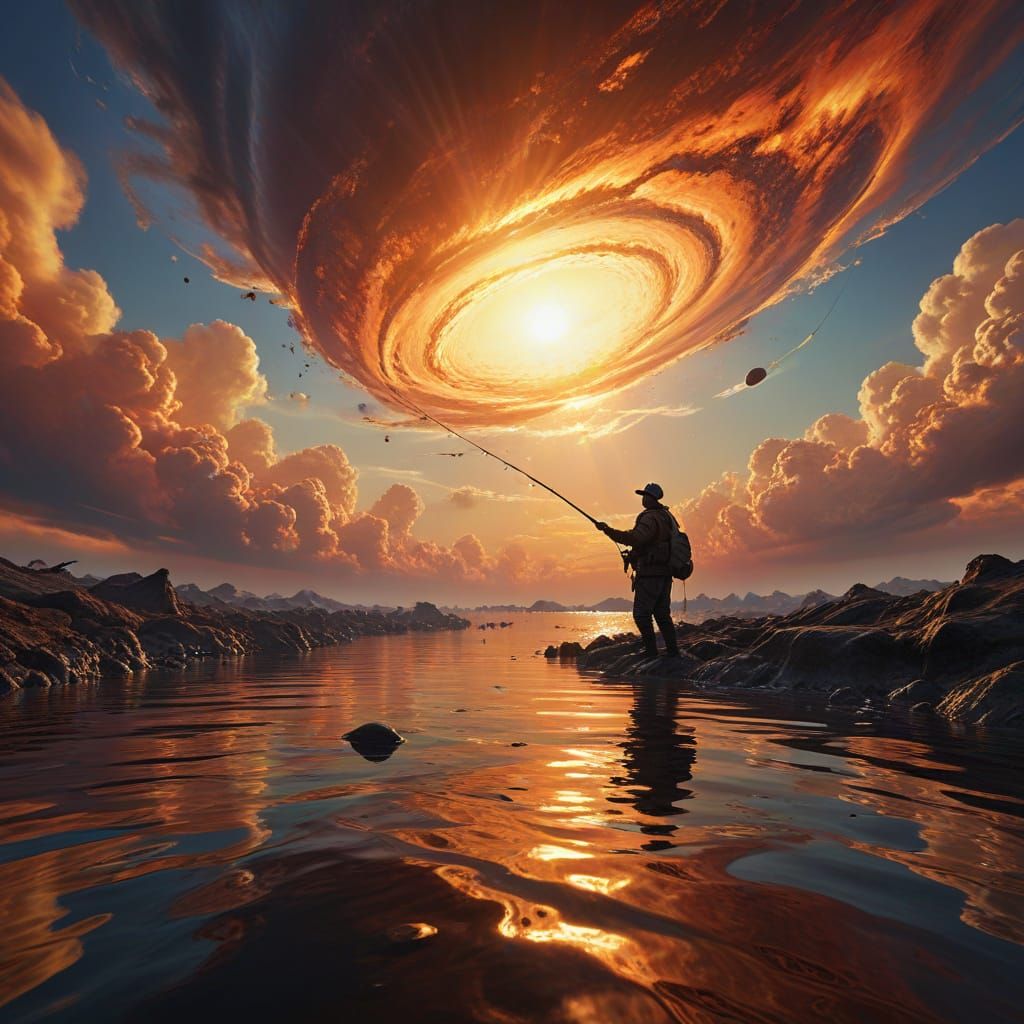 Fisherman Casts Line Above Vibrant Gas Giant