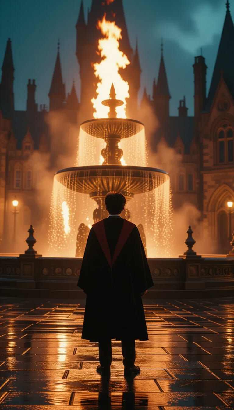 Harry Potter and the Flaming Fountain: Hyperrealistic Scene