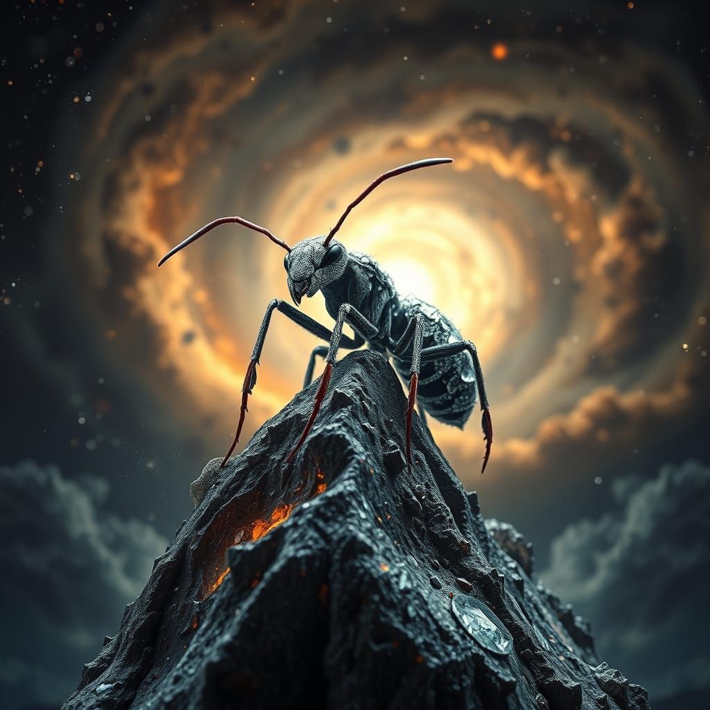 Diamond-Encrusted Ant on Crystalline Peak in Nebula