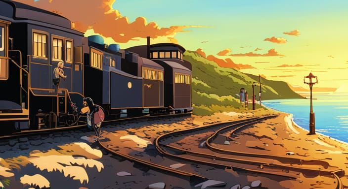 Ocean Train Stop in Anime Style