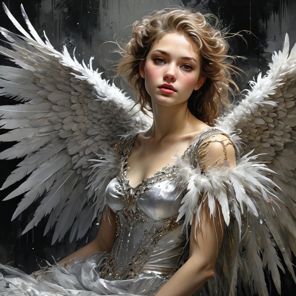 Angel Portrait in Silver Tulle with Feathery Wings
