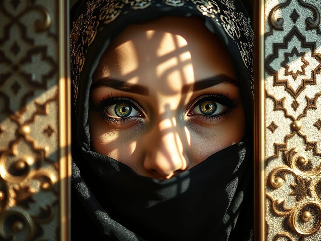 A Muslim Woman's Radiant Green Eyes Shine Through Intricate ...
