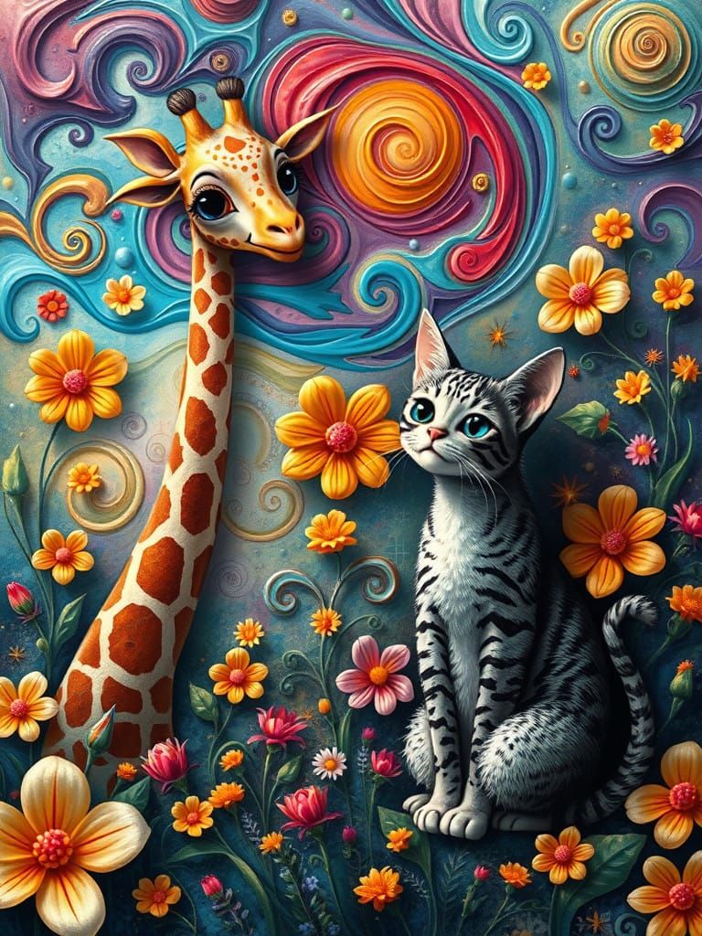 Vibrant Surreal Flower Landscape with Quirky Giraffe and Cur...