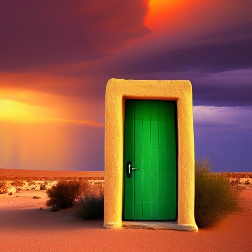 Green Door Amidst Desert Sunset Storm