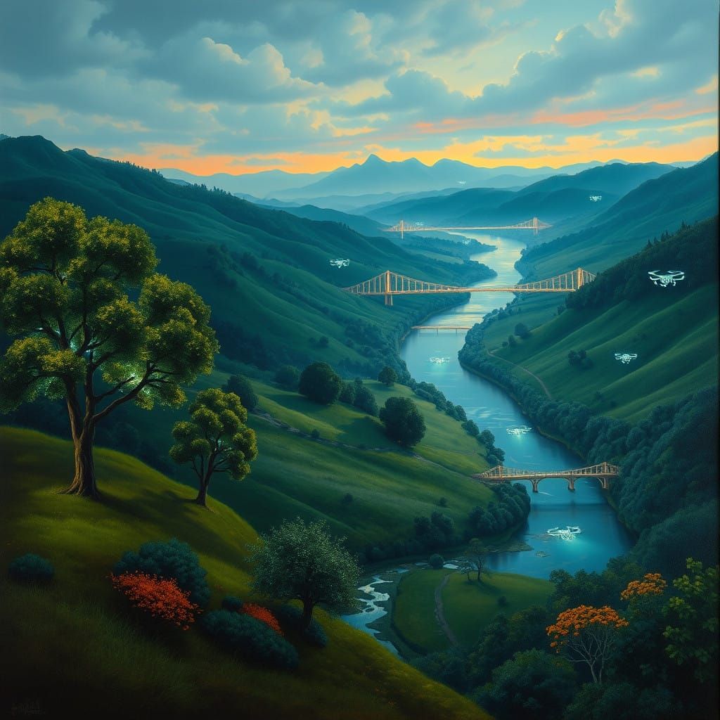 Hopeful Balance of Nature and Innovation in Vibrant Gouache